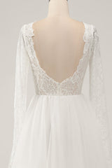 Ivory A-Line Backless Long Sleeves Long Wedding Dress with Lace Open Back