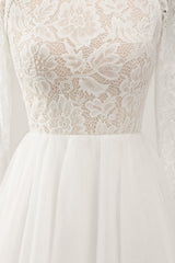 Ivory A-Line Backless Long Sleeves Long Wedding Dress with Lace Open Back