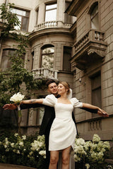 Zola | Bodycon Square Neck Satin Short Wedding Dresses with Lantern Sleeves
