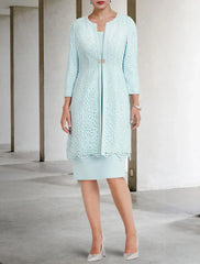 Two Piece Sheath / Column Mother of the Bride Dress Church Elegant Jewel Neck Knee Length Lace Stretch Chiffon Half Sleeve Jacket Dresses with Crystal Brooch