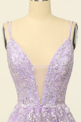 Light Purple Spaghetti Straps Prom Dress With Appliques V-neck Sexy