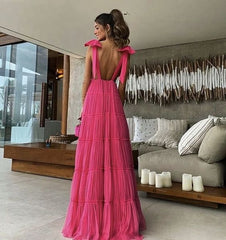 Vintage Hot Pink V-neck Prom Dress Long Pleated Evening Dress A-Line Backless Formal Dress HZ1024