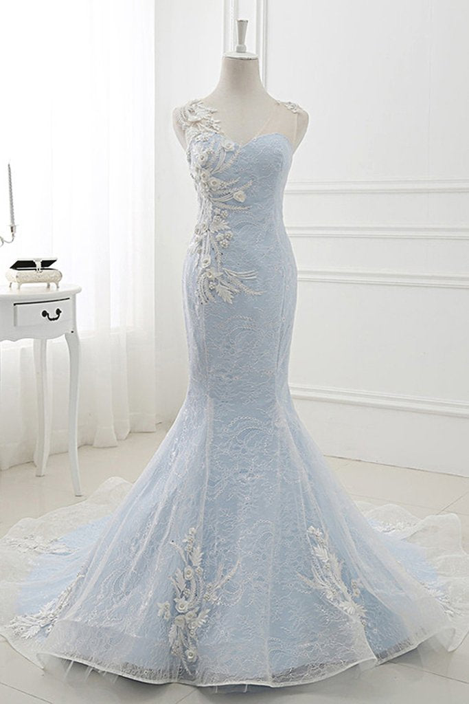 Baby Blue Sweep Train Lace Mermaid Evening Dresses, Formal Dress With Applique HZ0319