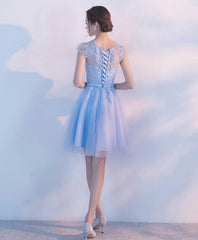 Bleu clair Une ligne en dentelle de tulle robe de bal courte, robe de retour à la maison