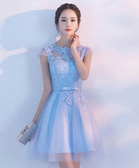 Bleu clair Une ligne en dentelle de tulle robe de bal courte, robe de retour à la maison