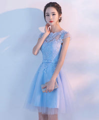 Bleu clair Une ligne en dentelle de tulle robe de bal courte, robe de retour à la maison