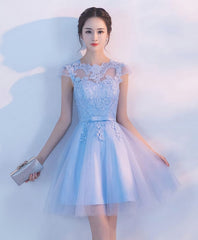 Bleu clair Une ligne en dentelle de tulle robe de bal courte, robe de retour à la maison