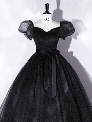 Black A-Line Tulle Long Prom Dresses, Black Formal Sweet 16 Dress