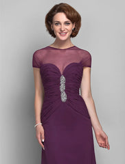 Sheath / Column Mother of the Bride Dress See Through Jewel Neck Sweep / Brush Train Chiffon Tulle Short Sleeve with Beading Side Draping
