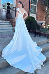 White V-Neck High-Waist A-Line Long Chapel Train Wedding Dress