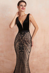 Black V-neck Sleeveless Lace Mermaid Dress