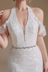 Lace Halter Cold-Shoulder Trumpet Wedding Dress