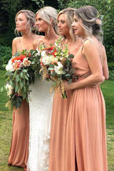 Straps Blush Pink Chiffon Floor Length Bridesmaid Dress with Slit