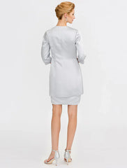 Sheath / Column Mother of the Bride Dress Formal Two Piece Jewel Neck Short / Mini Satin Short Sleeve yes with Lace Pleats