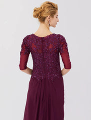 Sheath / Column Mother of the Bride Dress Formal Classic & Timeless Elegant & Luxurious See Through Illusion Neck Floor Length Chiffon Beaded Lace 3/4 Length Sleeve No with Pleats Beading