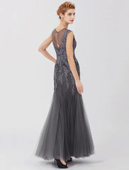 Mermaid / Trumpet Mother of the Bride Dress Classic & Timeless Elegant & Luxurious See Through Illusion Neck Floor Length Lace Tulle Sleeveless with Pleats Appliques