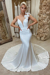 White Satin Backless Mermaid Chapel Train Wedding Dress with Flowers