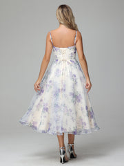 Cicinia Tea Length Lace-up Floral Prom Dresses