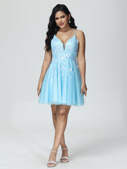 A-Line Spaghetti Straps Tulle Knee Length Prom Dress