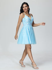 A-Line Spaghetti Straps Tulle Knee Length Prom Dress