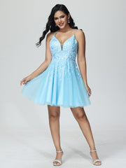 A-Line Spaghetti Straps Tulle Knee Length Prom Dress
