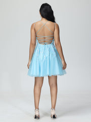 A-Line Spaghetti Straps Tulle Knee Length Prom Dress