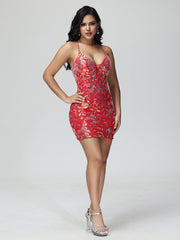 Spaghetti Straps V-Neck Lace Mini Prom Dress