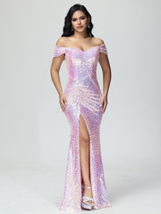 Sequins Off the Shoulder Split Floor Length Prom Dresses