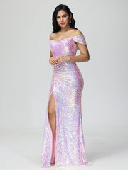 Sequins Off the Shoulder Split Floor Length Prom Dresses