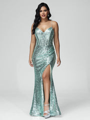 Spaghetti Straps Floor Length Prom Dresses With Split