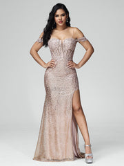 Sheath/Column Off the Shoulder Sequins Prom Dresses With Split
