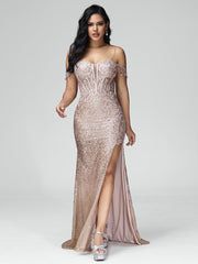 Sheath/Column Off the Shoulder Sequins Prom Dresses With Split