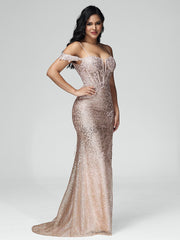 Sheath/Column Off the Shoulder Sequins Prom Dresses With Split