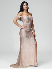 Sheath/Column Off the Shoulder Sequins Prom Dresses With Split