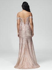 Sheath/Column Off the Shoulder Sequins Prom Dresses With Split