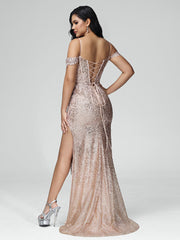Sheath/Column Off the Shoulder Sequins Prom Dresses With Split