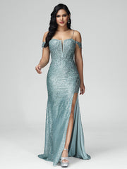Sheath/Column Off the Shoulder Sequins Prom Dresses With Split