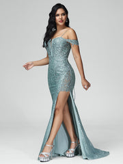 Sheath/Column Off the Shoulder Sequins Prom Dresses With Split