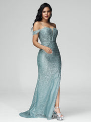 Sheath/Column Off the Shoulder Sequins Prom Dresses With Split
