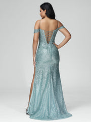 Sheath/Column Off the Shoulder Sequins Prom Dresses With Split