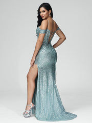 Sheath/Column Off the Shoulder Sequins Prom Dresses With Split