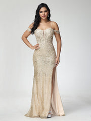Sheath/Column Off the Shoulder Sequins Prom Dresses With Split