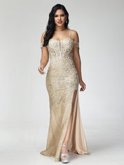 Sheath/Column Off the Shoulder Sequins Prom Dresses With Split