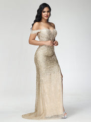 Sheath/Column Off the Shoulder Sequins Prom Dresses With Split