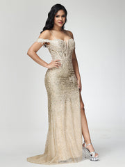 Sheath/Column Off the Shoulder Sequins Prom Dresses With Split