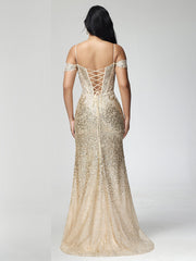 Sheath/Column Off the Shoulder Sequins Prom Dresses With Split