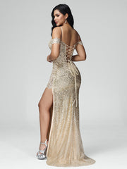 Sheath/Column Off the Shoulder Sequins Prom Dresses With Split