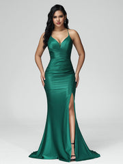 Spaghetti Straps Sleeveless Pleats Satin Prom Dresses