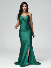 Spaghetti Straps Sleeveless Pleats Satin Prom Dresses