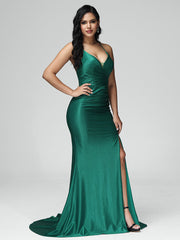 Spaghetti Straps Sleeveless Pleats Satin Prom Dresses